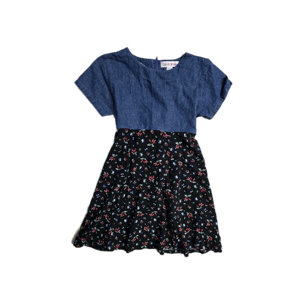 Vintage Christie Brooks Girls Dress  7-8 Blue Floral Denim Top